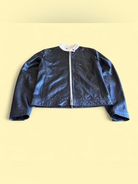 Vintage Black Leather Moto Jacket Cream Collar Women’s M Ralph Lauren Golf